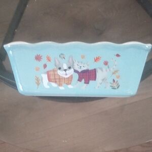 Cute Nantucket Mini Loaf Baking Dish W Cat And Dog, Fall Season